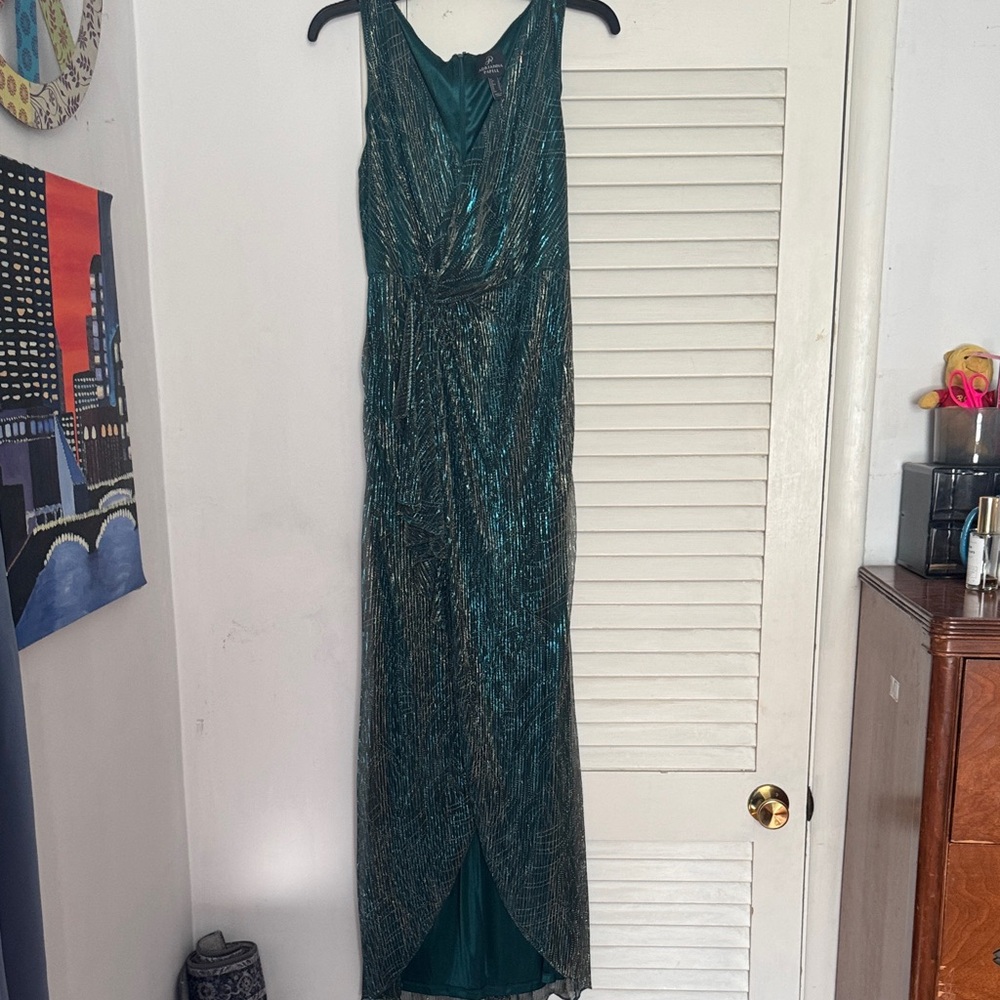 Elegant Green/Gold Evening Gown by Adrianna Papel NWT